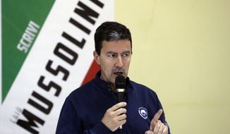 In this photo taken on Saturday, May 4, 2019, Brothers of Italy party candidate for the upcoming EU elections, Caio Giulio Cesare Mussolini, delivers his speech during a campaign rally, in Sirignano, southern Italy. Mussolini’s name remains part of the political discourse, first with lawmaker Alessandra Mussolini, Benito Mussolini’s granddaughter who started out with a now defunct neo-fascist party, and now with his great-grandson, Caio Giulio Cesare Mussolini, who is running with the far-right Brothers of Italy party in the European elections. (AP Photo/Gregorio Borgia)