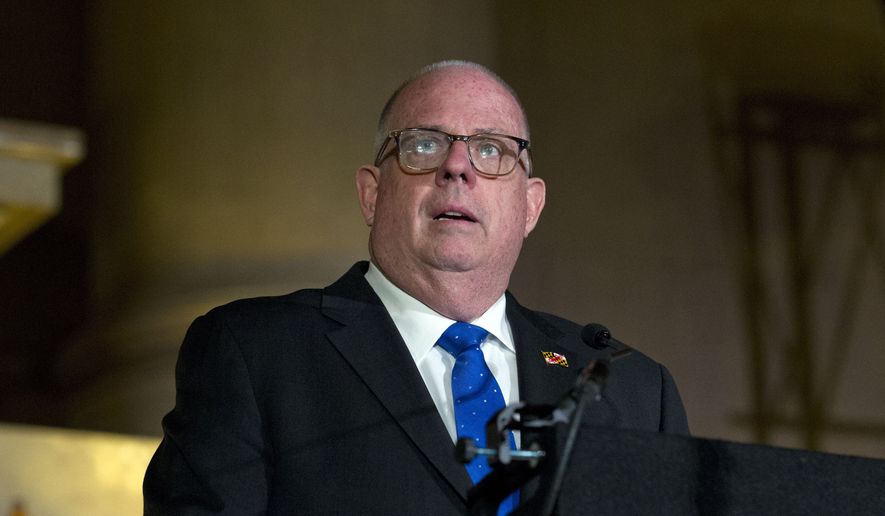 In this Thursday, May 9, 2019 file photo, Maryland Gov. Larry Hogan speaks during the Baltimore Mayor Bernard &quot;Jack&quot; Young swearing-in ceremony at War Memorial Building in Baltimore. (AP Photo/Jose Luis Magana, File) ** FILE **