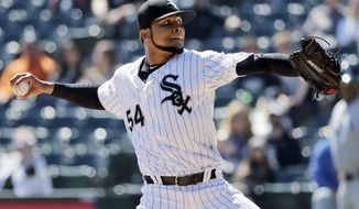 FILE - In this April 9, 2019, file photo, Chicago White Sox starting pitcher Ervin Santana throws against the Tampa Bay Rays during the first inning of a baseball game in Chicago. Santana has agreed to a minor league contract with the New York Mets pending a successful physical.  Santana became a free agent on April 29, three days after he was designated for release by the White Sox, who signed him for a $4.3 million salary this year. (AP Photo/Nam Y. Huh, File)