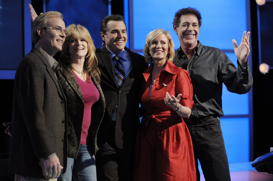 In this Monday, Oct. 13, 2008 file photo, "The Brady Bunch" original cast members, from left, Mike Lookinland, Susan Olsen, Christopher Knight, Eve Plumb and Barry Williams pose together on the set of "Trivial Pursuit: America Plays" in Los Angeles. On Friday, May 24, 2019, The Associated Press has found that stories circulating on the internet that CBS and Hulu removed The Brady Bunch episode where the family comes down with the measles because no one became seriously ill, putting it out of synch with the television companies’ “agenda,” are untrue. (AP Photo/Chris Pizzello)