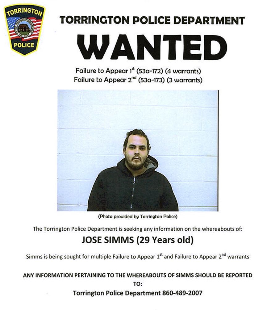 This wanted poster released by the Torrington, Conn., Police Department on its Facebook page shows an undated booking photo of Jose Simms, a fugitive with seven arrest warrants being sought after failing to appear in court. An officer in the department reached a deal with the fugitive on Wednesday, May 22, 2019, who agreed to turn himself in if there were 15,000 likes of the wanted poster on social media. (Torrington Police Department via AP)