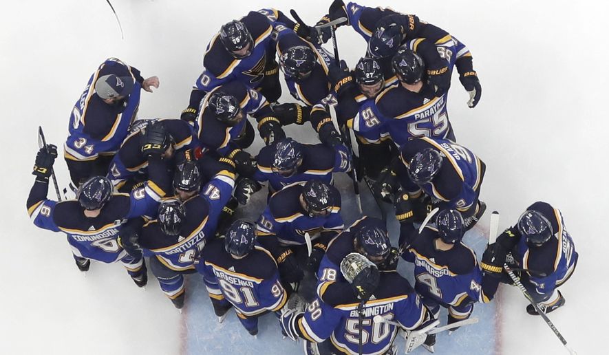 FILE - In this Tuesday, May 21, 2019 file photo, the St. Louis Blues celebrate after beating the San Jose Sharks in Game 6 of the NHL hockey Stanley Cup Western Conference final series, in St. Louis. The Blues won 5-1 to win the series 4-2 and earn a berth in the Stanley Cup Finals. (AP Photo/Jeff Roberson)