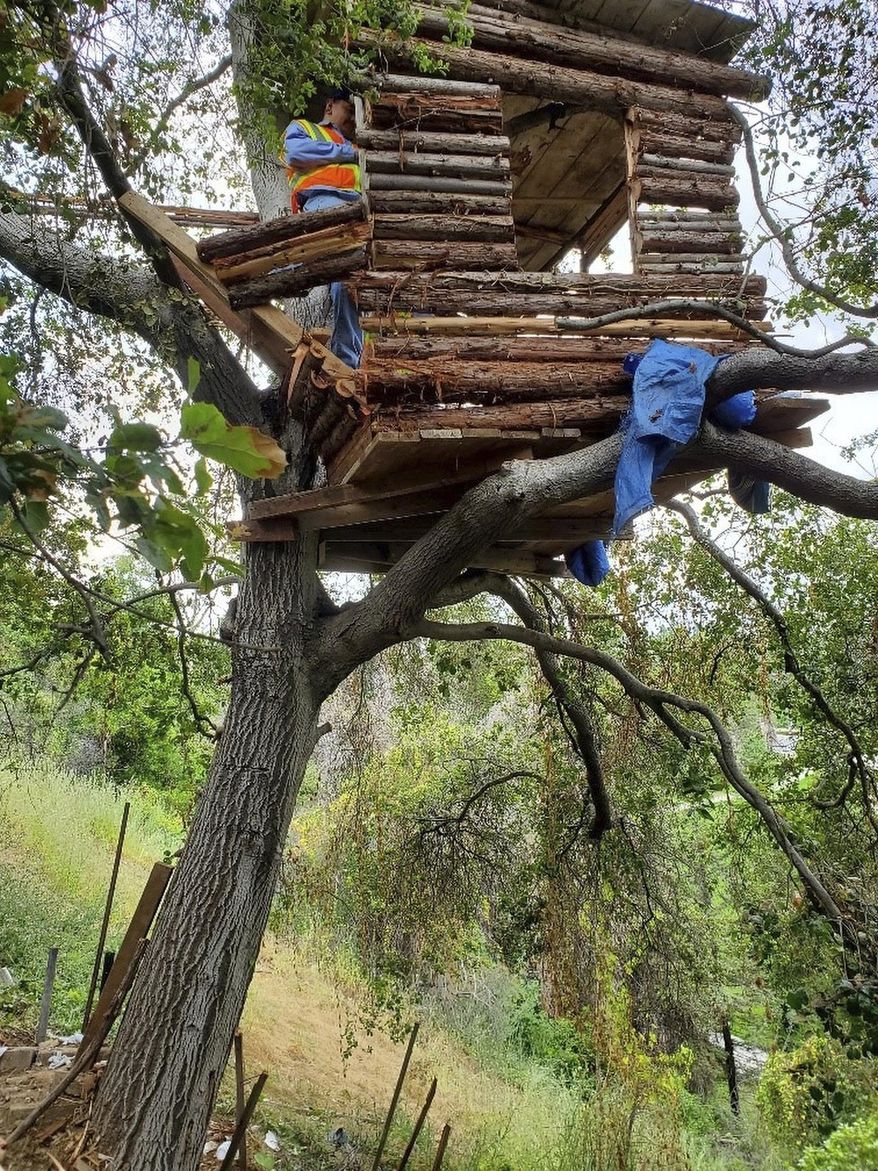 This Wednesday, May 22, 2019, photo released by the Pomona Police Department shows a treehouse in Pomona, Calif. Police pursuing a burglary suspect in a Southern California suburb found him living in an elaborate treehouse hidden on a hillside. The Pomona Police Department said a tipster reported Tuesday night that someone was living in the treehouse. Officers in a helicopter used heat-sensing equipment to locate 56-year-old Mark Duda in what police described as "a very well built and modern" tree house. It was equipped with a fire pit and barbecue and had a sweeping view of the mountains in the distance. (Pomona Police Department via AP)