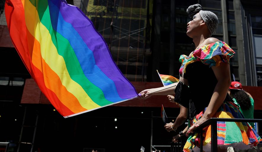In order to appeal to the 11 million LGBTQ voters in the U.S., many Democrats are selling Pride Month items on their websites.
FILE — In this June 24, 2014 file photo, people on a float dance and wave flags during the annual pride parade in New York. The annual pride parade takes place on Sunday, June 25, 2017, amid protests by black and brown LGBT people saying increasingly corporate pride celebrations prioritize the experiences of gay white men and ignore the issues continuing to face black and brown LGBT people. (AP Photo/Seth Wenig, File) (Associated Press)