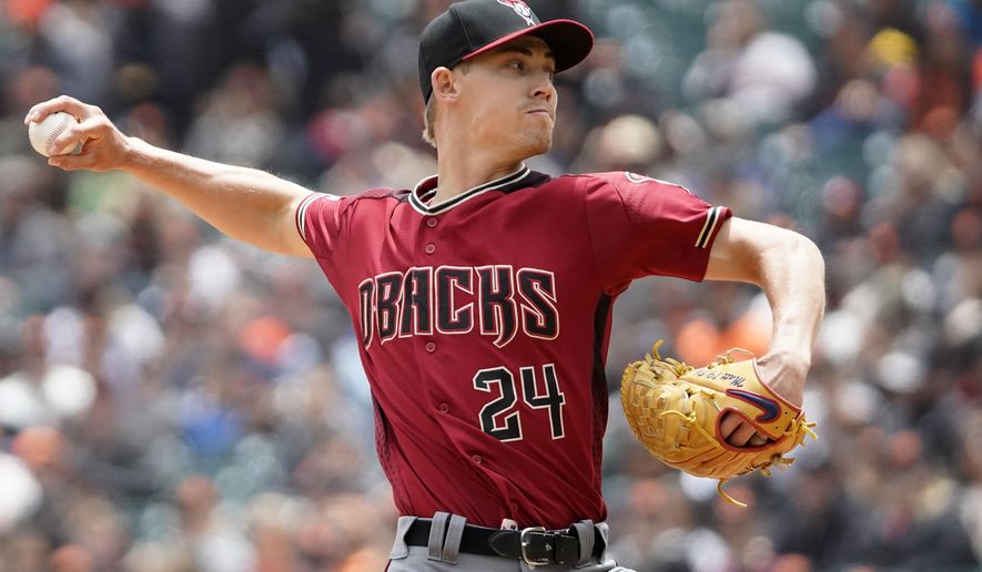 Arizona Diamondbacks pitcher Luke Weaver throws against the San Francisco Giants during the first inning of a baseball game in San Francisco, Sunday, May 26, 2019. (AP Photo/Tony Avelar)