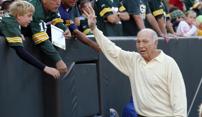 FILE - In this Sept. 10, 2012, file photo, former Green Bay Packers quarterback Bart Starr waves to fans during the Packers&#x27; NFL football game against the San Francisco 49ers in Green Bay, Wis. Bart Starr, the Green Bay Packers quarterback and catalyst of Vince Lombardi&#x27;s powerhouse teams of the 1960s, has died. He was 85. The Packers announced Sunday, May 26, 2019, that Starr had died, citing his family. He had been in failing health since suffering a serious stroke in 2014.  (AP Photo/Jeffrey phelps, File)