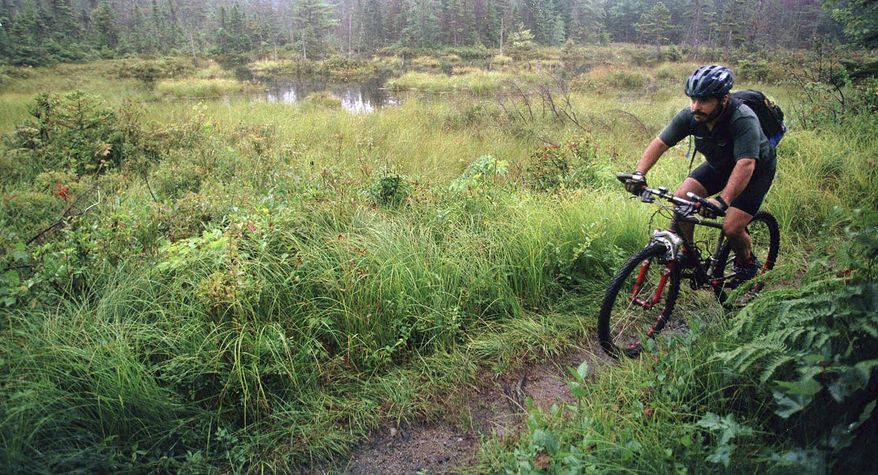 FILE - In this Aug. 26, 1999 file photo, a rider peddles his mountain bike through the White Mountain National Forest in Bartlett, N.H. Mountain bikers will get the chance to see much of New England during the summer of 2019, as a new Borderlands initiative brings together more than a half-dozen trail systems covering 250 miles across more than three states and parts of Canada. (AP Photo/Jim Cole, File)
