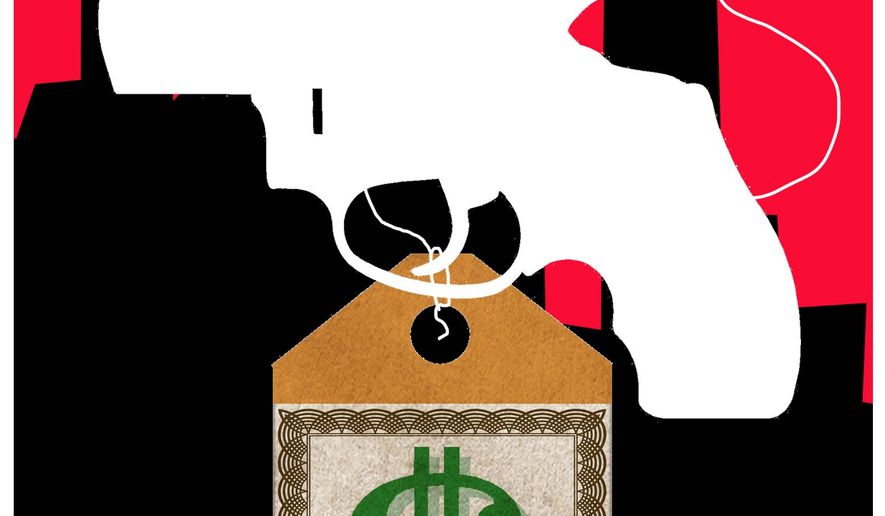 Illustration on gun ownership licencing&#39;s expense and effects on the poor by Alexander Hunter/The Washington Times