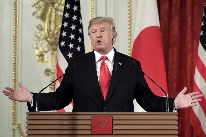 U.S. President Donald Trump speaks during a news conference with Japan's Prime Minister Shinzo Abe, at Akasaka Palace in Tokyo, Japan, on Monday, May 27, 2019. (Kiyoshi Ota/Pool Photo via AP)