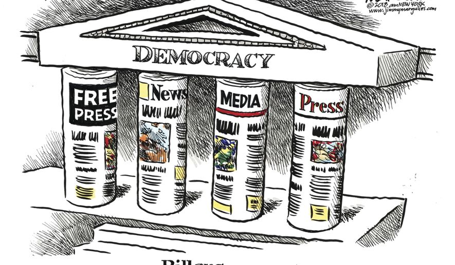 This image provided by Jimmy Margulies shows “Pillars,” by King Features editorial cartoonist Jimmy Margulies, that is one of dozens of political cartoons focusing on the First Amendment in a new exhibit, “Front Line: Editorial Cartoonists and the First Amendment” at Ohio State University’s Billy Ireland Cartoon Library & Museum in Columbus, Ohio. The display runs the gamut from a 1774 cartoon by Paul Revere criticizing Britain’s use of tea as a political weapon to a 2018 cartoon lampooning the blocking of online conservative commentary. (Jimmy Margulies via AP)
