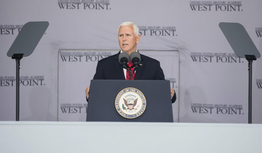 Vice President Mike Pence speaks during graduation ceremonies at the United States Military Academy, Saturday, May 25, 2019, in West Point, N.Y. (AP Photo/Julius Constantine Motal)