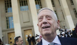 FILE - In this Wednesday, Nov. 28, 2018, file photo, then-Secretary of Defense Jim Mattis speaks with reporters before welcoming Lithuanian Minister of National Defense Raimundas Karoblis to the Pentagon in Washington. Former Secretary of Defense Jim Mattis has a book coming, but he warns it will not be a “tell-all” about President Donald Trump. (AP Photo/Cliff Owen, File)