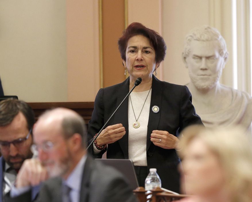 California state Sen. Anna Caballero, D-Salinas, urges lawmakers to approve her measure requiring that every law enforcement officer be trained in ways to avoid using lethal force, Tuesday, May 28, 2019, in Sacramento, Calif. The bill, SB230, which was sparked by public outrage over fatal shootings by police, including the killing of unarmed vandalism suspect Stephon Clark in Sacramento last year, was approved unanimously by the Senate and sent to the Assembly. (AP Photo/Rich Pedroncelli)