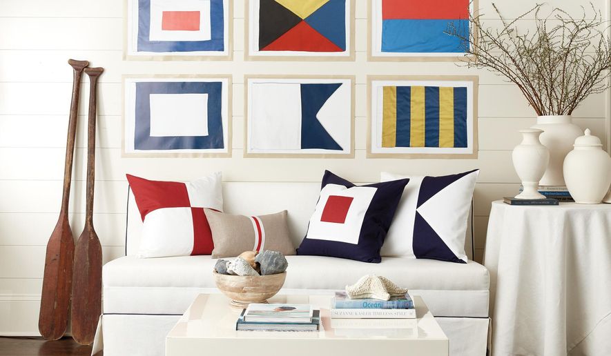 Right At Home Nautical Decor With Modern Panache Washington Times This Photo Provided By Ballard Designs Shows Suzanne Kasler S Seafarer Nautical Flag Collection The Places Graphic Modern Flags Inside