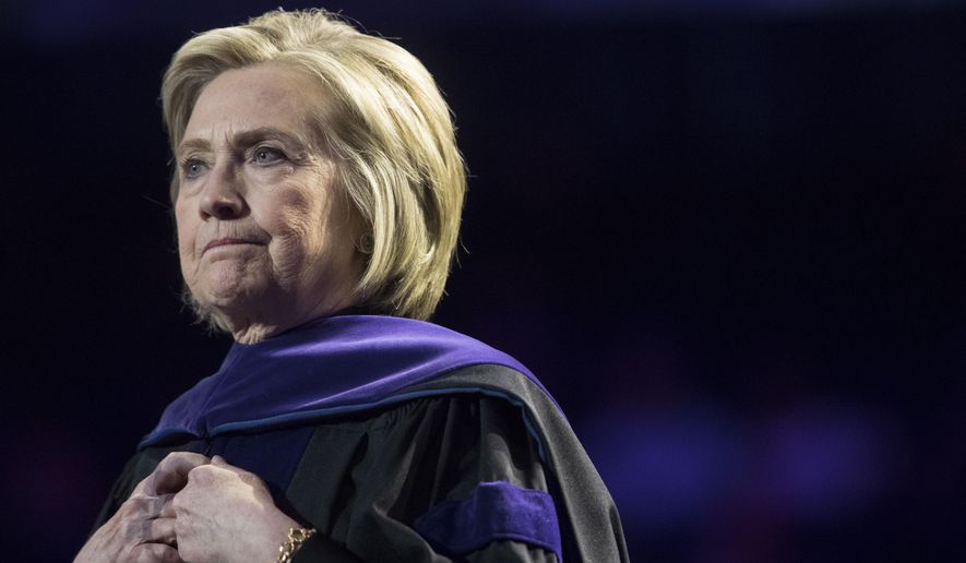 Former Secretary of State Hillary Clinton delivers Hunter College&#x27;s commencement address, Wednesday, May 29, 2019, in New York. (AP Photo/Mary Altaffer)