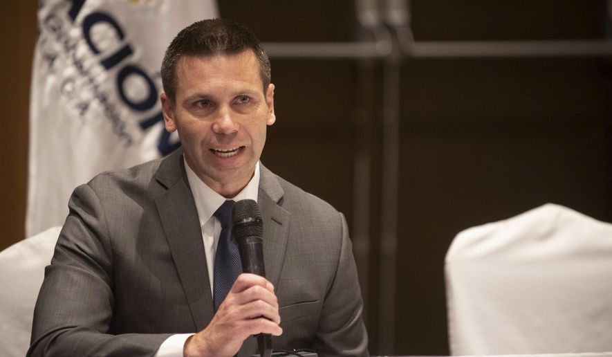 Acting U.S. Homeland Security Secretary Kevin McAleenan gives a press conference before a security-related meeting with government representatives from countries in Central America's Northern Triangle in Guatemala City, Tuesday, May 28, 2019. In December the U.S. made an aid announcement aimed at providing better security and economic conditions in Central America to allow residents to stay instead of migrating north. (AP Photo/Santiago Billy)
