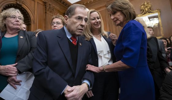 In this Jan. 4, 2019, file photo, Speaker of the House Nancy Pelosi, D-Calif., right, talks with Rep. Jerrold Nadler, D-N.Y., center, chairman of the House Judiciary Committee, at the Capitol in Washington. (AP Photo/J. Scott Applewhite, file) ** FILE **