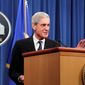 Special counsel Robert Mueller waves as he walks from the podium after speaking at the Department of Justice Wednesday, May 29, 2019, in Washington, about the Russia investigation. (AP Photo/Carolyn Kaster) ** FILE **