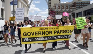 Abortion-rights supporters march Thursday, May 30, 2019, in St. Louis. (AP Photo/Jeff Roberson)