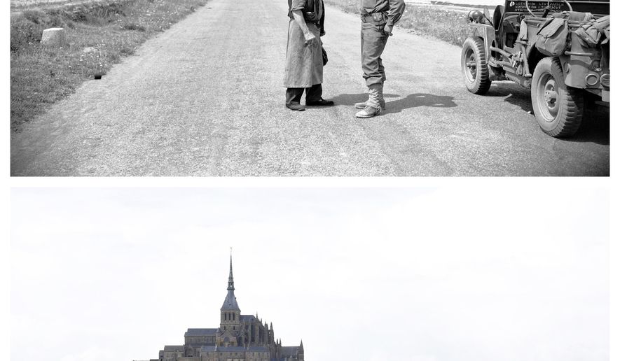 This combination of photos shows an American soldier and a French civilian speaking on the causeway leading from the mainland of Brittany to the famous tourist resort of Mont-St-Michel in Normandy on Aug. 8, 1944, top, and below, a view of the same location on May 8, 2019. (AP Photo/Thibault Camus)
