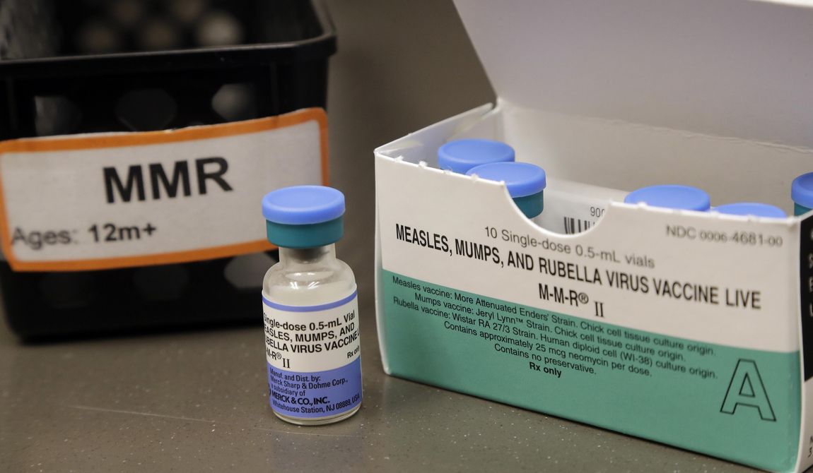 This May 15, 2019 file photo shows a vial of a measles, mumps and rubella vaccine at a clinic in Vashon Island, Wash. On Thursday, May 30, 2019, U.S. health officials reported this year’s U.S. measles epidemic surpassed a 25-year-old record, and experts say it’s not clear when the wave of illnesses will stop. There were 971 cases so far this year, eclipsing the 963 measles illnesses reported for all of 1994.  (AP Photo/Elaine Thompson, File)