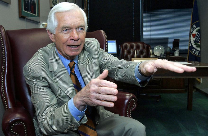 FILE - In this Aug. 24, 2005, file photo, U.S. Sen. Thad Cochran, R-Miss., speaks to a reporter in Jackson, Miss. Seven-term Republican Sen. Thad Cochran, who used seniority to steer billions of dollars to his home state of Mississippi, died Thursday, May 30, 2019. He was 81. (AP Photo/Rogelio Solis, File)