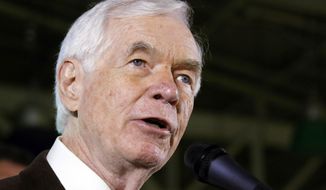 FILE - In this Nov. 4, 2014, file photo, Sen. Thad Cochran, R-Miss., speaks to supporters following his victory over Democrat Travis Childers and Reform Party candidate Shawn O&#39;Hara, at his victory party in Jackson, Miss. Seven-term Republican Sen. Thad Cochran, who used seniority to steer billions of dollars to his home state of Mississippi, died Thursday, May 30, 2019. He was 81. (AP Photo/Rogelio V. Solis, File)
