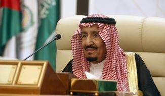 Saudi King Salman chairs an emergency summit of Gulf Arab leaders in Mecca, Saudi Arabia, Thursday, May 30, 2019. King Salman opened an emergency summit of Gulf Arab leaders in the holy city of Mecca on Thursday with a call for the international community to use all means to confront Iran, but he also said the kingdom extends its hand for peace. (AP Photo/Amr Nabil)