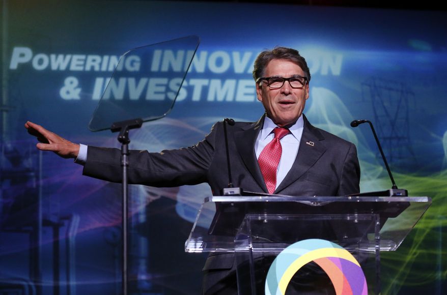 U.S. Energy Secretary Rick Perry speaks at an energy summit hosted by Utah Gov. Gary Herbert and attended by Wyoming Gov. Mark Gordon Thursday, May 30, 2019, in Salt Lake City. (AP Photo/Rick Bowmer) ** FILE **