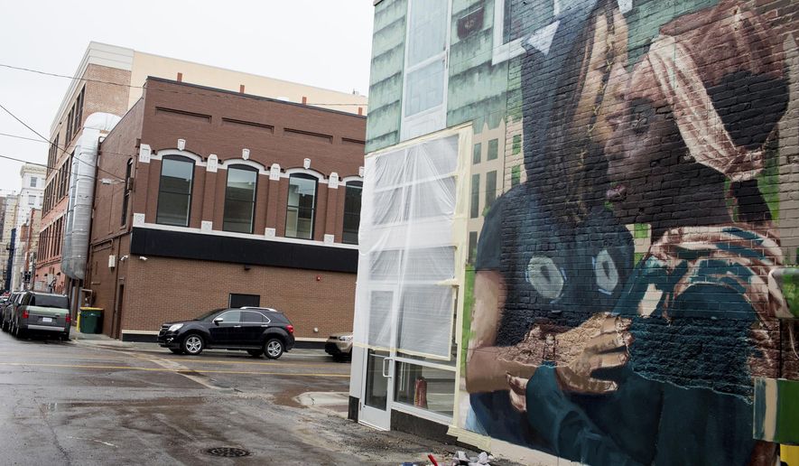 A mural waits to be finished in Buckham Alley near Second Street in Flint, Mich., on Thursday, May 30, 2019. Artists from around the world are joining Michigan artists in painting 50 murals throughout Flint as part of an effort to refocus the city’s image on art rather than the lead-tainted water crisis. (Kaiti Sullivan/The Flint Journal via AP)