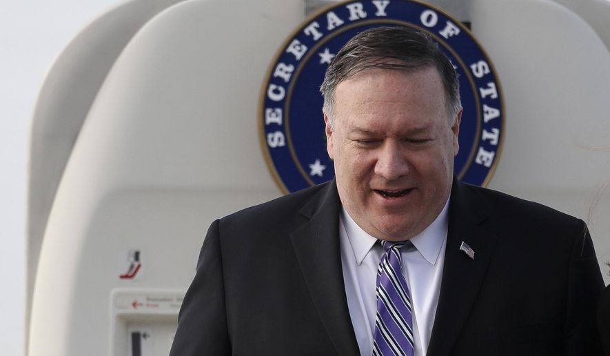 U.S. Secretary of State Mike Pompeo exits his plane upon arrival at Tegel airport in Berlin, Germany, Friday, May 31, 2019. Pompeo is in Berlin for a one day visit and will meet Chancellor Angela Merkel and his counterpart Heiko Maas. (AP Photo/Markus Schreiber)