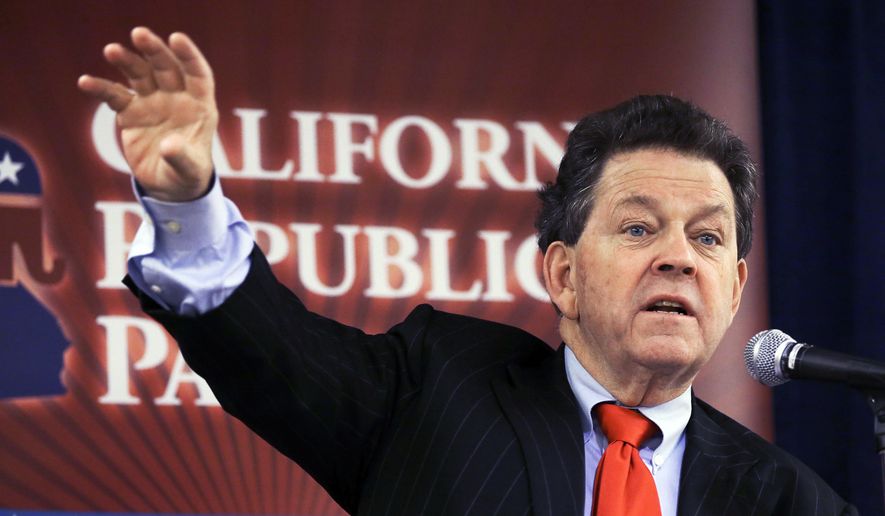In this Friday, Oct. 4, 2013, photo, economist Arthur Laffer, known as the &amp;quot;father of supply-side economics&amp;quot; and who was an economic adviser to President Ronald Reagan, speaks to an executive committee meeting of the California Republican Party at their convention in Anaheim, Calif. President Donald Trump is set to award the Presidential Medal of Freedom to Laffer. (AP Photo/Reed Saxon) **FILE**
