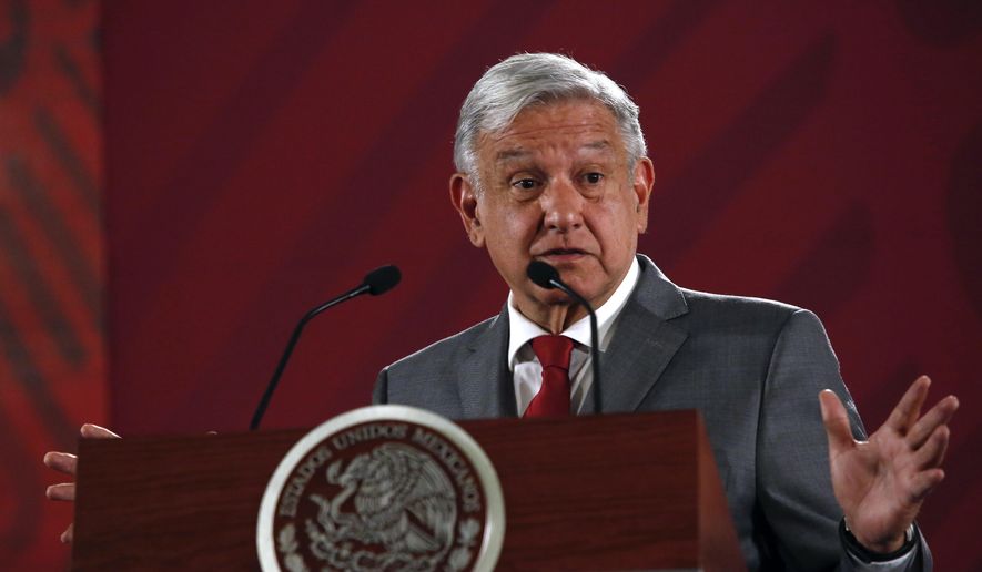 Mexico&#x27;s President Andrés Manuel López Obrador says Mexico will not respond to U.S. President Donald Trump&#x27;s threat of coercive tariffs with desperation, but instead push for dialogue, during his daily morning press conference at the National Palace, in Mexico City, Friday, May 31, 2019. (AP Photo/Ginnette Riquelme)