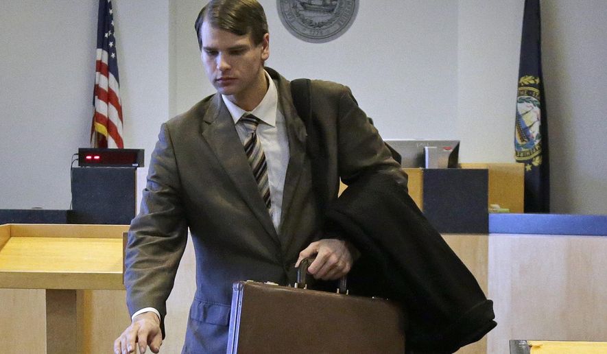 FILE - In this Dec. 4, 2018, file photo, Nathan Carman, who relatives say killed his millionaire grandfather John Chakalos for inheritance money, leaves the district courtroom during a break in a pre-trial hearing in Concord, N.H. On Friday, May 31, 2019, New Hampshire judge David King denied a request to reconsider a lawsuit against Carman. The judge had previously ruled that Chakalos had lived in Connecticut, and that the suit could not be tried in New Hampshire. (AP Photo/Elise Amendola, Pool, File)