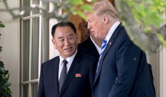 FILE - In this June 1, 2018, file photo, U.S. President Donald Trump, right, talks with Kim Yong Chol, former North Korean military intelligence chief and one of leader Kim Jong Un&#x27;s closest aides, as they walk from their meeting in the Oval Office of the White House in Washington. A South Korean newspaper is reporting that North Korea executed a senior envoy involved in nuclear negotiations with the U.S. as well as four other high-level officials. (AP Photo/Andrew Harnik, File)