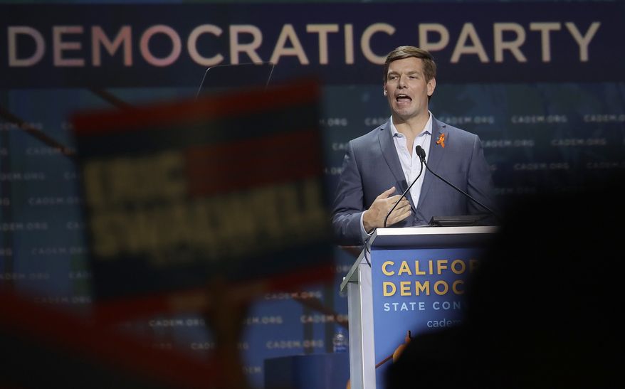 Democratic presidential candidate Rep. Eric Swalwell, of California, speaks during the 2019 California Democratic Party State Organizing Convention in San Francisco, Saturday, June 1, 2019. (AP Photo/Jeff Chiu)