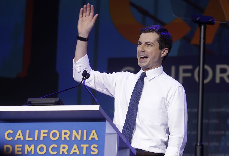 Democratic presidential candidate Pete Buttigieg, the mayor of South Bend, Ind., waves during the 2019 California Democratic Party State Organizing Convention in San Francisco, Saturday, June 1, 2019. (AP Photo/Jeff Chiu)