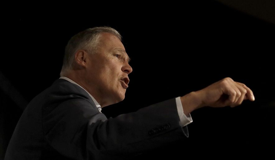 Democratic Presidential candidate Washington Gov. Jay Inslee speaks at an SEIU event before the 2019 California Democratic Party State Organizing Convention in San Francisco, Saturday, June 1, 2019. (AP Photo/Jeff Chiu)