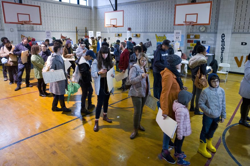 FILE - In this Tuesday, Nov. 6, 2018, file photo, voters stand in line to cast their ballots at P.S. 22, in the Prospect Heights neighborhood in the Brooklyn borough of New York. An effort by Democrats to implement broad reforms to the nation’s voting process has stalled in the U.S. Senate, but some states are moving forward to expand access through early voting, same-day voter registration and other measures ahead of 2020. The biggest success for voting rights advocates so far is New York, which had been one of a dozen states not offering some form of early voting. (AP Photo/Mark Lennihan, File)