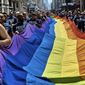 In this June 24, 2018, file photo, revelers carry a rainbow flag along Fifth Avenue during the New York City Pride Parade in New York. June 28, 2019, marks the 50th anniversary of the Stonewall uprising, which fueled the fire for a global LGBTQ movement. (AP Photo/Andres Kudacki, File)