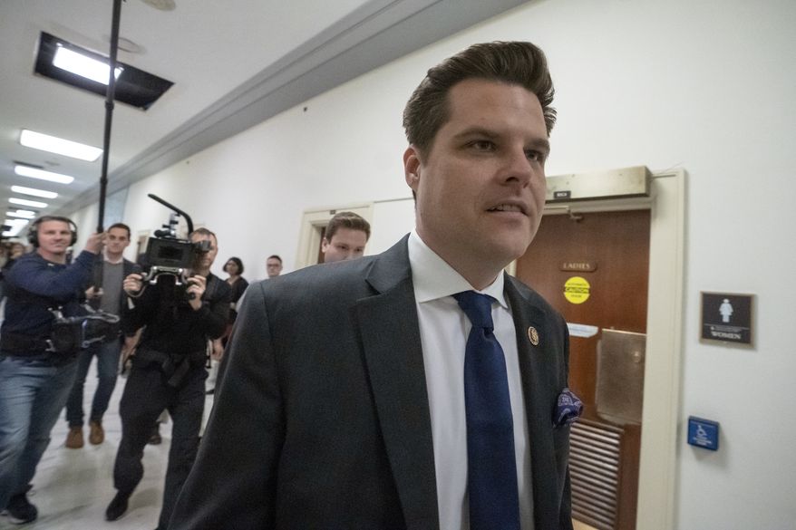 In a Wednesday, Feb. 27, 2019, file photo, U.S. Rep. Matt Gaetz, R-Fla., a member of the House Judiciary Committee, walks past the House Oversight hearing with Michael Cohen, President Donald Trump&#39;s former personal lawyer, on Capitol Hill in Washington. (AP Photo/J. Scott Applewhite, File)