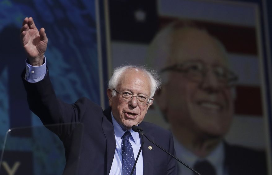 Democratic presidential candidate Sen. Bernie Sanders, I-Vt., waves before speaking during the 2019 California Democratic Party State Organizing Convention in San Francisco, Sunday, June 2, 2019. (AP Photo/Jeff Chiu)