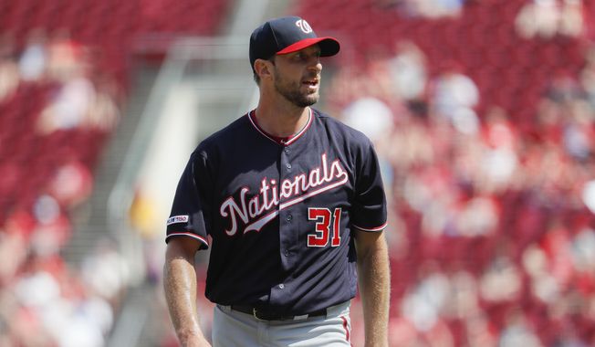 Washington Nationals starting pitcher Max Scherzer reacts after closing the eighth inning of a baseball game against the Cincinnati Reds, Sunday, June 2, 2019, in Cincinnati. (AP Photo/John Minchillo) **FILE**