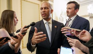 Rep. Hakeem Jeffries, D-N.Y., is interviewed about Robert Mueller outside the House chamber, Monday June 3, 2019, on Capitol Hill in Washington, before a House vote to approve a $19 billion disaster aid bill. (AP Photo/Jacquelyn Martin)