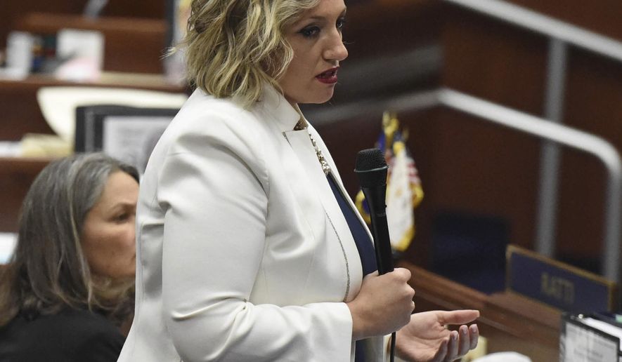 Nevada state Sen. Nicole Cannizzaro makes a push for education bill 551 on the last day of the 2019 Nevada Legislative session on Monday, June 3, 2019, in Carson City, Nev. (Andy Barron/The Reno Gazette-Journal via AP)