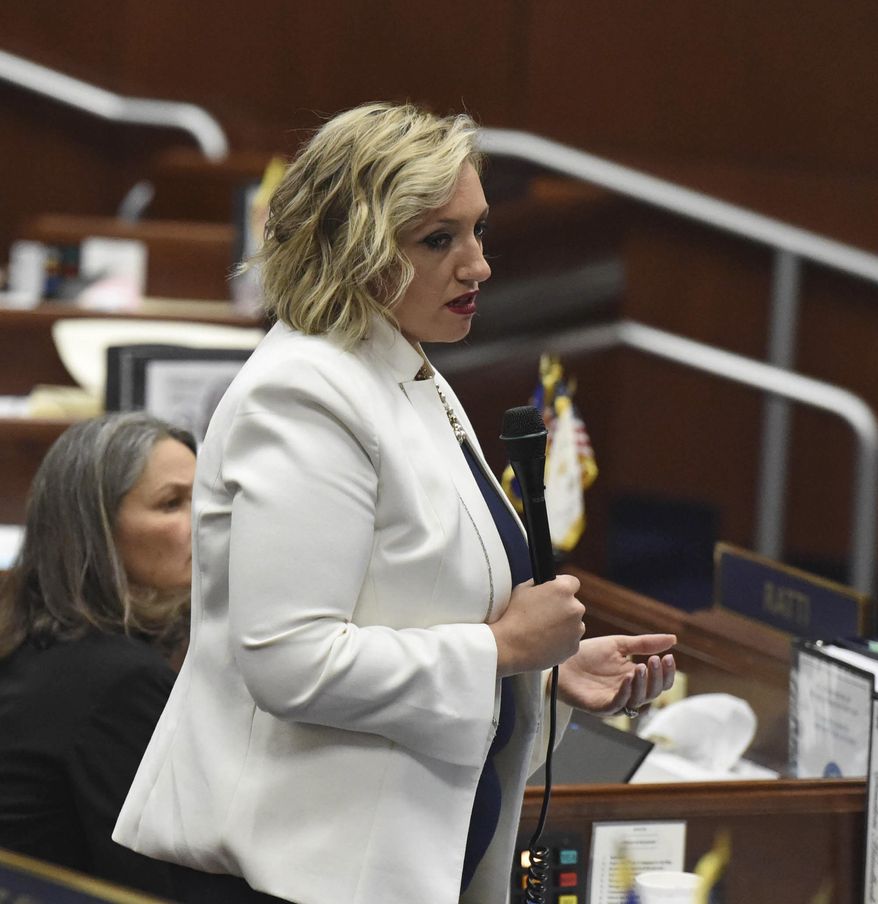 Nevada state Sen. Nicole Cannizzaro makes a push for education bill 551 on the last day of the 2019 Nevada Legislative session on Monday, June 3, 2019, in Carson City, Nev. (Andy Barron/The Reno Gazette-Journal via AP)