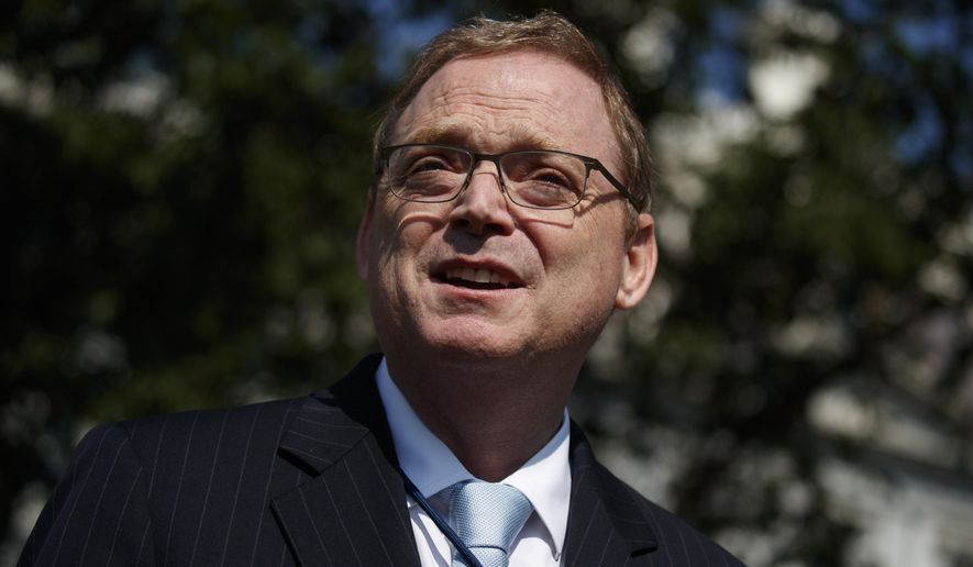 Outgoing chairman of the White House Council of Economic Advisers Kevin Hassett talks to reporters outside the White House, Monday, June 3, 2019, in Washington. (AP Photo/Evan Vucci) **FILE**