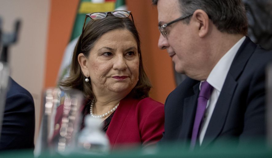 Mexican Ambassador Martha Barcena Coqui, left, and Mexican Foreign Affairs Secretary Marcelo Ebrard speak during a news conference at the Mexican Embassy in Washington, Monday, June 3, 2019, as part of a Mexican delegation in Washington for talks following trade tariff threats from the Trump Administration. (AP Photo/Andrew Harnik)