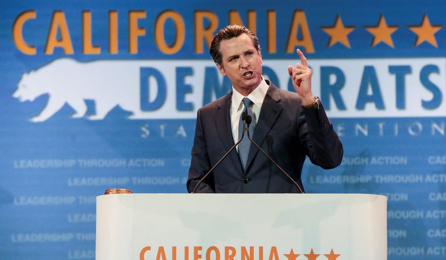 Then California Lt. Gov. Gavin Newsom speaks at the California Democrats State Convention in Anaheim, California, May 16, 2015. (AP Photo/Damian Dovarganes) ** FILE **