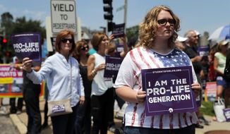 Anti-abortion advocates gather outside the Planned Parenthood clinic Tuesday, June 4, 2019, in St. Louis. A judge is considering whether the clinic, Missouri&#39;s only abortion provider, can remain open. (AP Photo/Jeff Roberson)